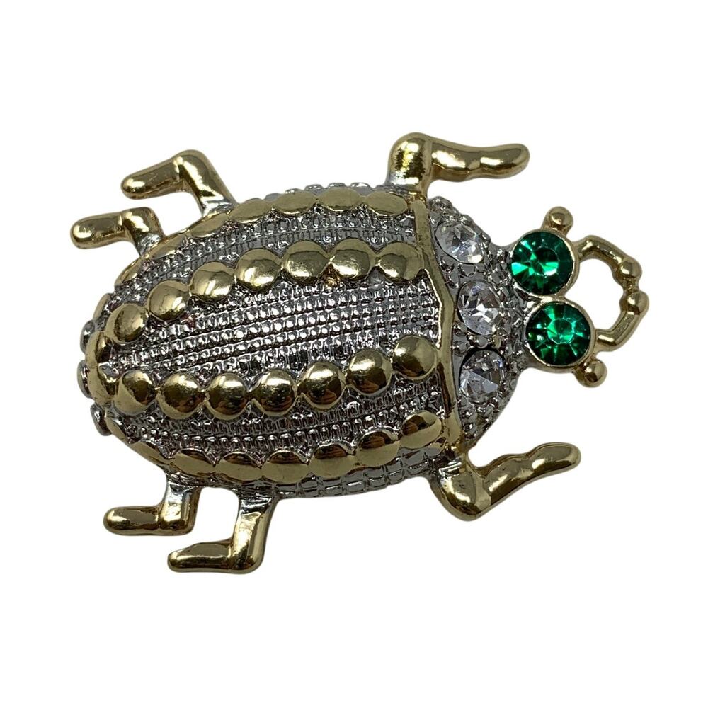 Two Tone Silver Gold Beetle Insect Brooch Pin Clear Rhinestones Green Eyes